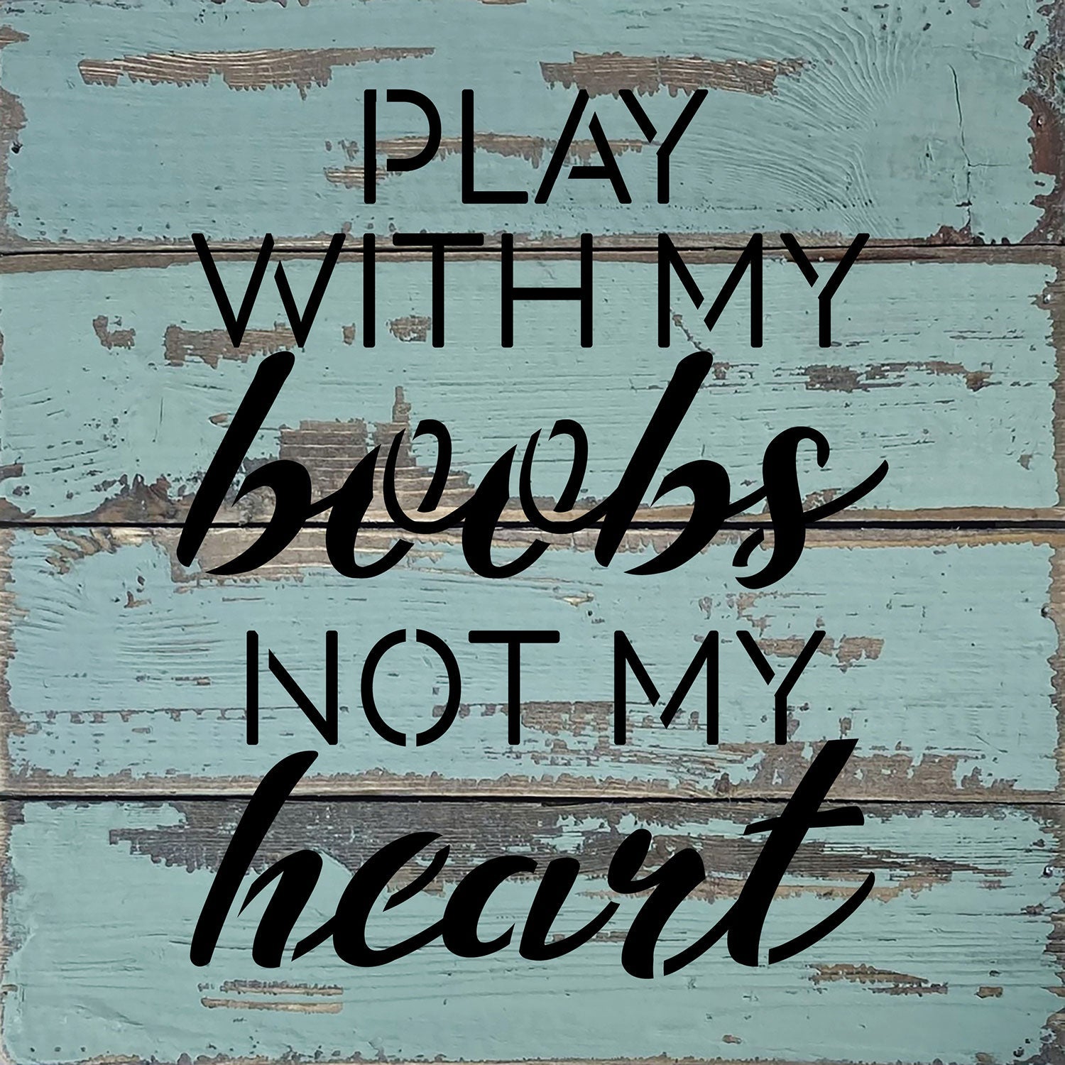 Play with my boobs not my heart / 8x8 Blue Whisper Reclaimed Wood Wall Decor