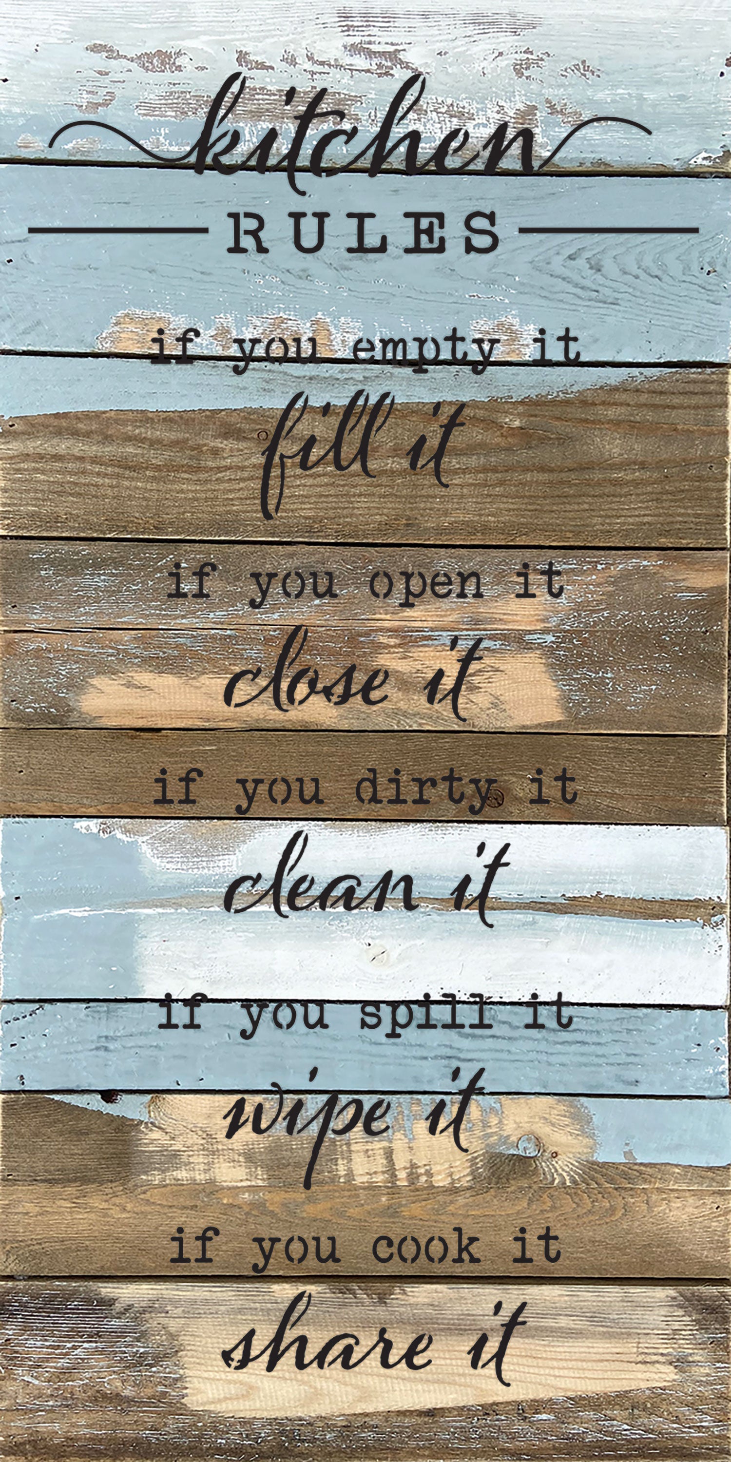 Kitchen Rules. If you empty it, fill it. If you open it, close it. If you dirty it, clean it. If you spill it, wipe it. If you cook it, share it. / 12x24 Reclaimed Wood Wall Decor