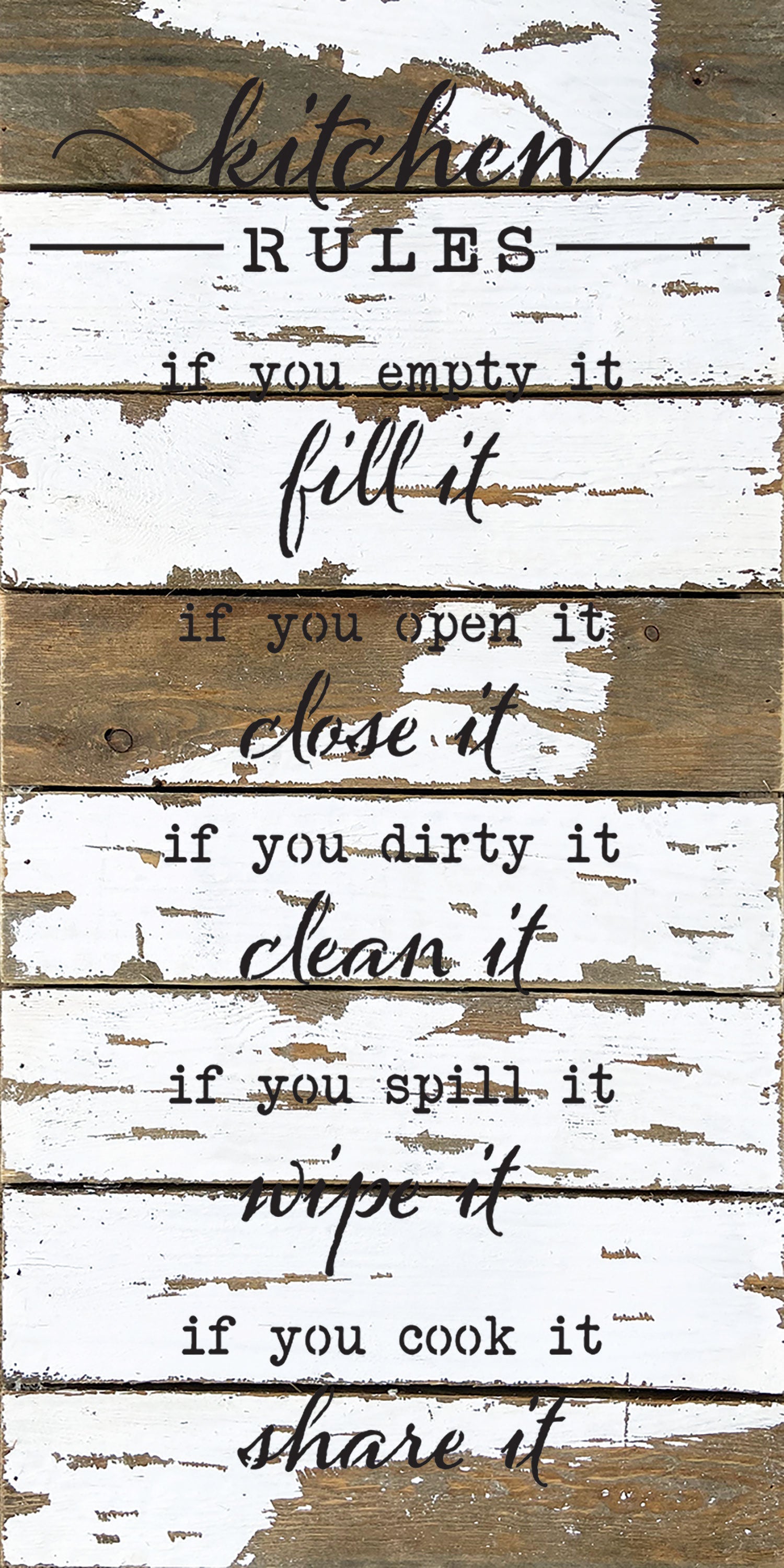 Kitchen Rules. If you empty it, fill it. If you open it, close it. If you dirty it, clean it. If you spill it, wipe it. If you cook it, share it. / 12x24 Reclaimed Wood Wall Decor