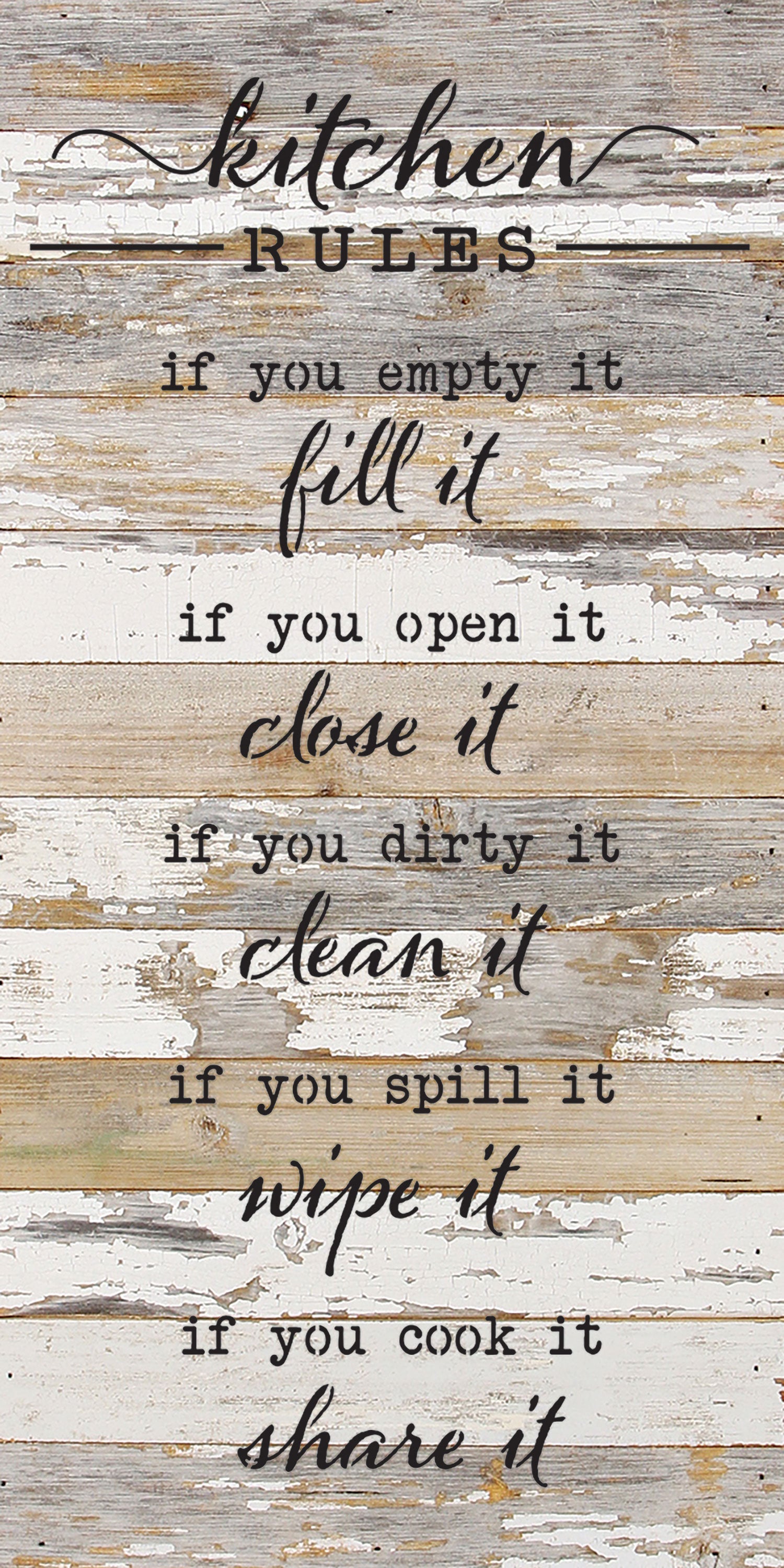 Kitchen Rules. If you empty it, fill it. If you open it, close it. If you dirty it, clean it. If you spill it, wipe it. If you cook it, share it. / 12x24 Reclaimed Wood Wall Decor