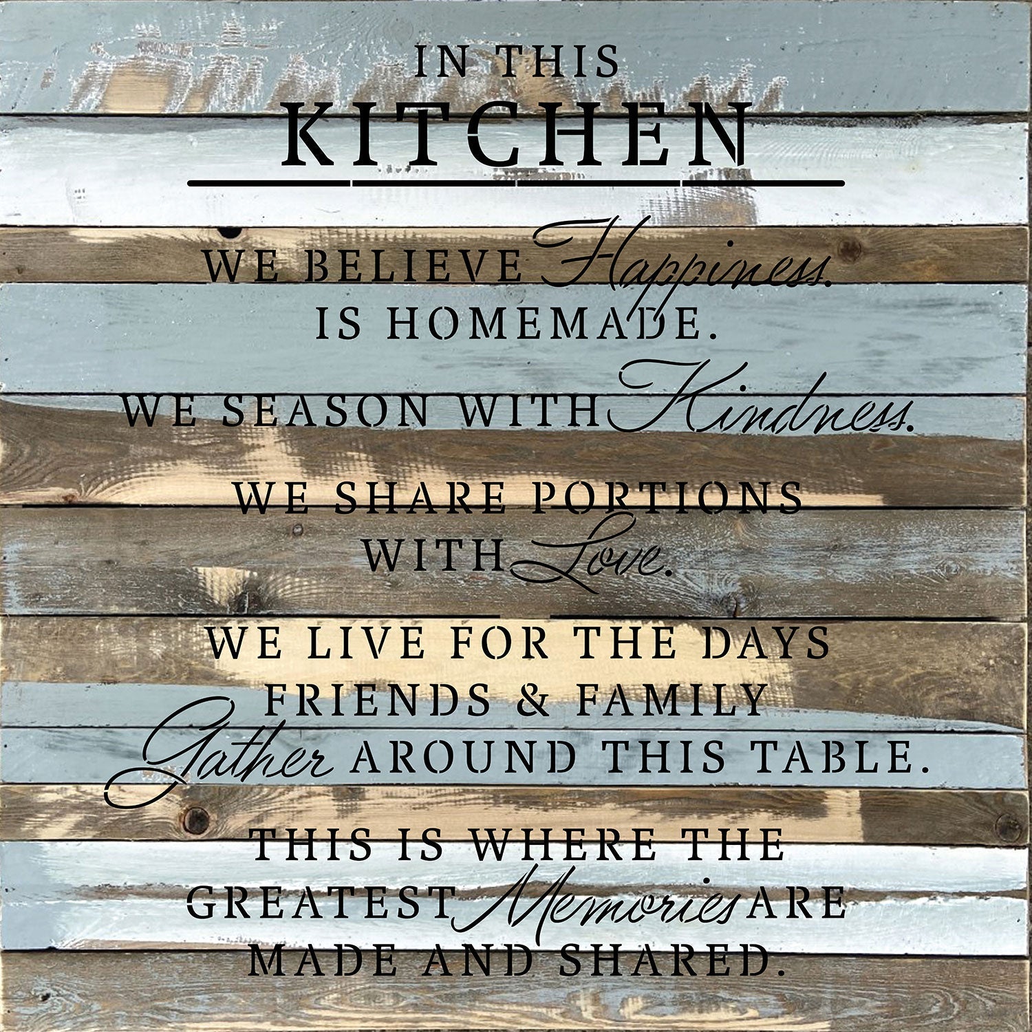 In this kitchen, We believe happiness is homemade. We season with kindness. We share portions with love... / 28x28 Reclaimed Wood Wall Decor