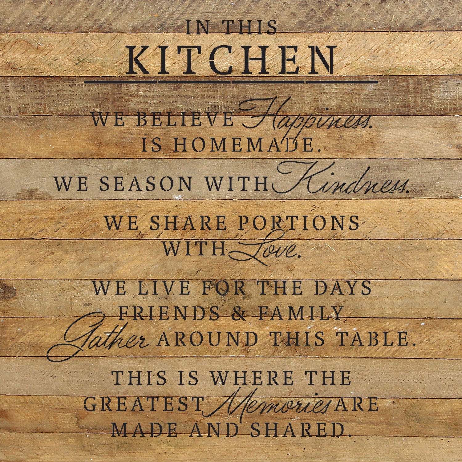 In this kitchen, We believe happiness is homemade. We season with kindness. We share portions with love... / 28x28 Reclaimed Wood Wall Decor
