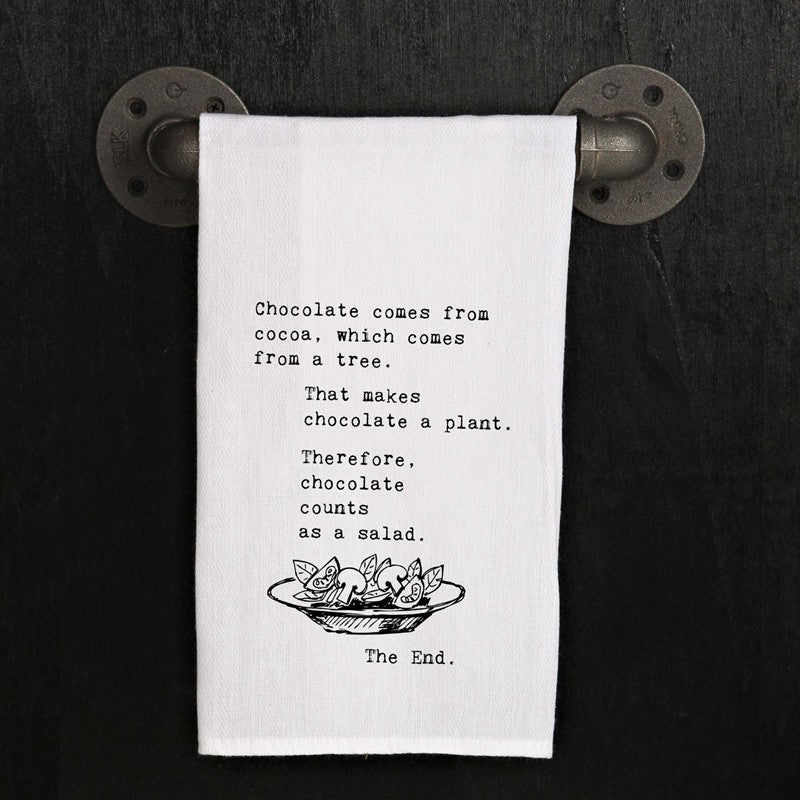 Chocolate comes from cocoa, which comes from a tree. That makes chocolate a plant. Therefore, chocolate counts as a salad. The End.
