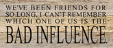 We've been friends for so long, I can't rememer which one of us is the bad influence. / 14"x6" Reclaimed Wood Sign