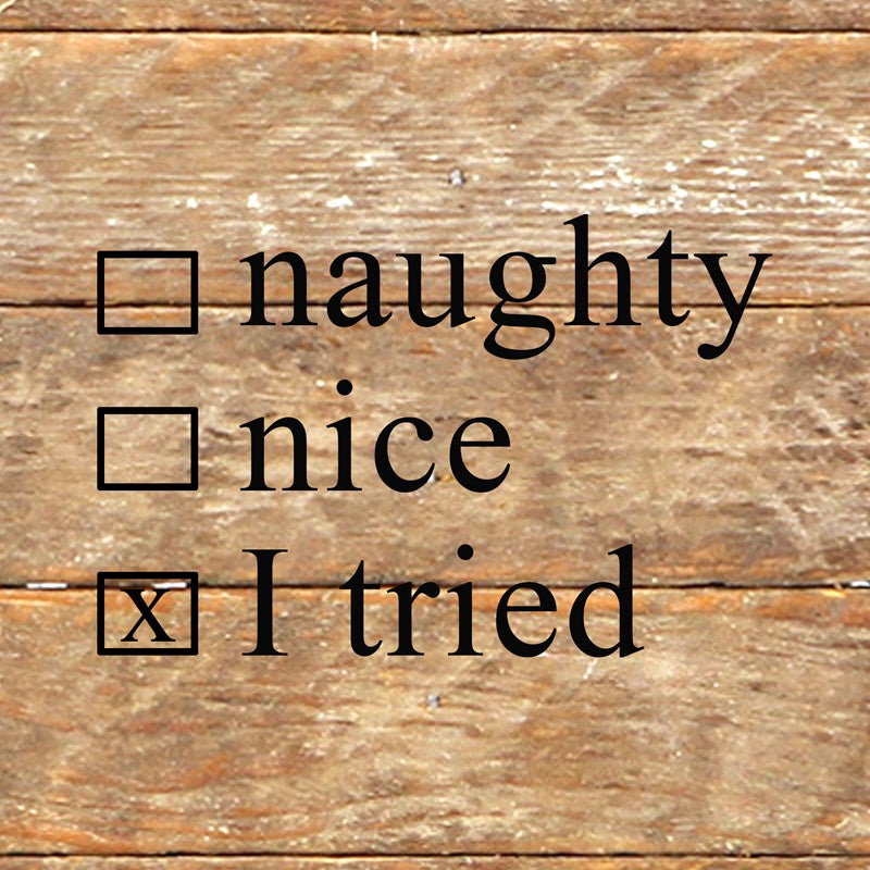 Naughty, nice, I tried (check boxes) / 6"x6" Reclaimed Wood Sign