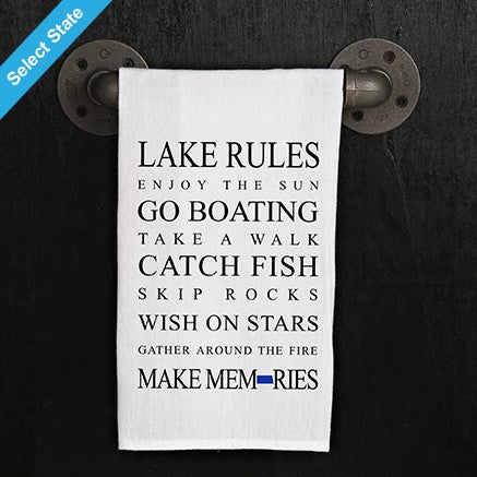 Lake rules, enjoy the sun, go boating, take a walk, catch fish, skip rocks, wish on stars, gather around the fire, make memories