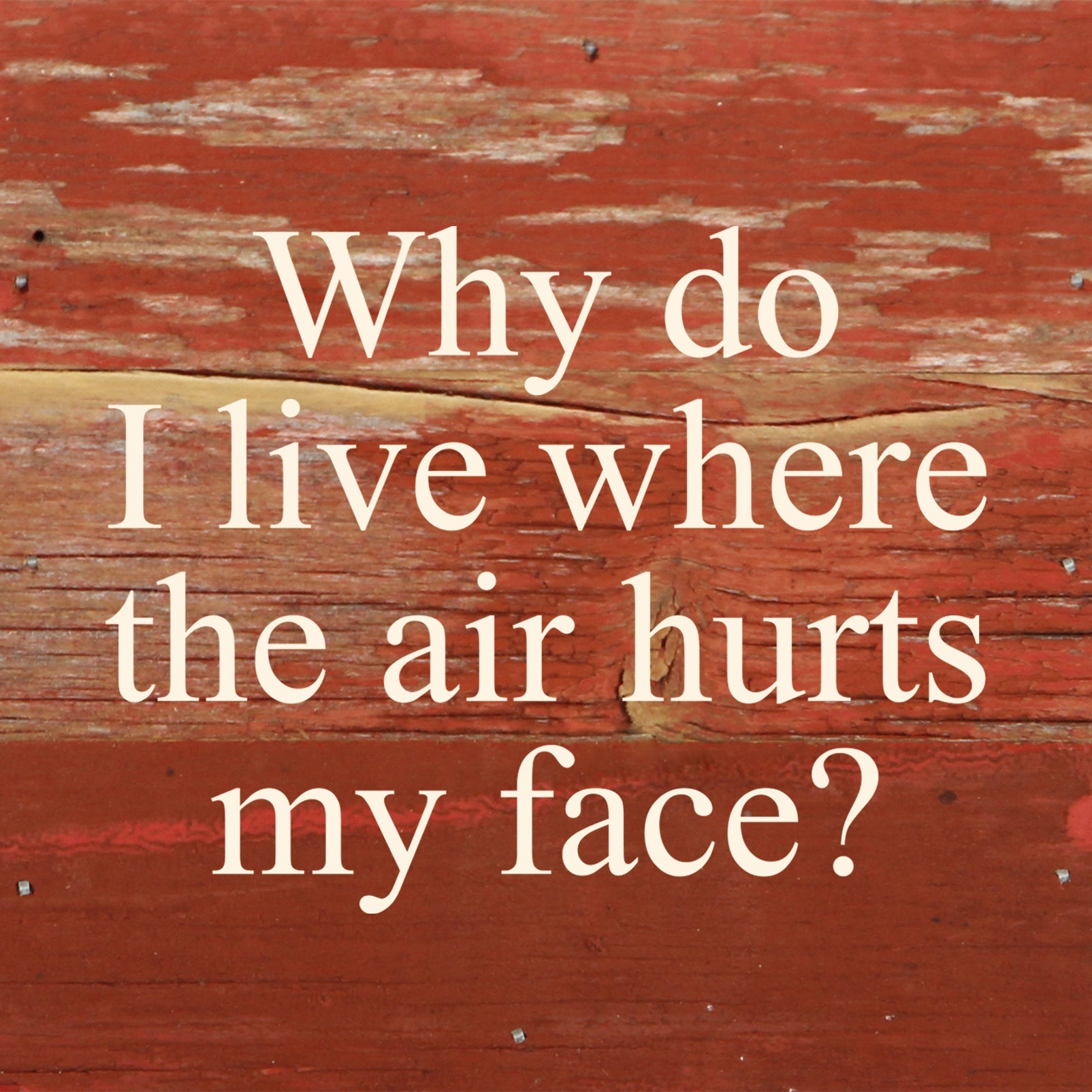 Why do I live where the air hurts my face? / 6"x6" Reclaimed Wood Sign