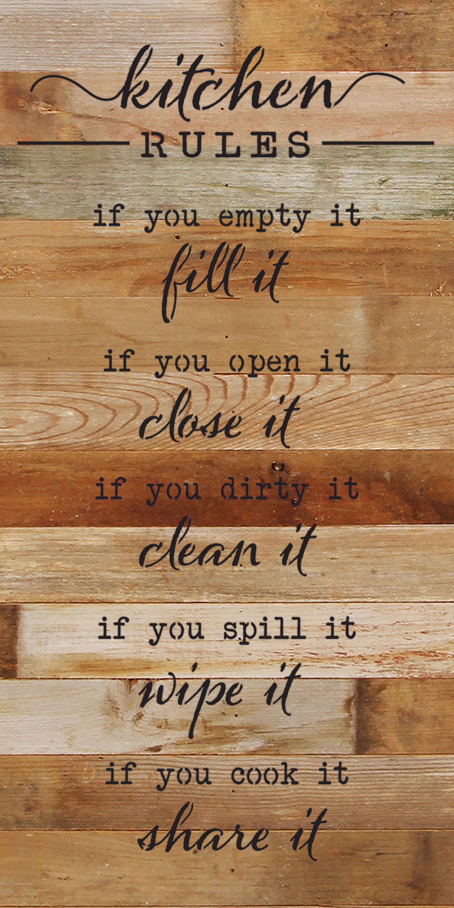 Kitchen Rules. If you empty it, fill it. If you open it, close it. If you dirty it, clean it. If you spill it, wipe it. If you cook it, share it. / 12x24 Reclaimed Wood Wall Decor