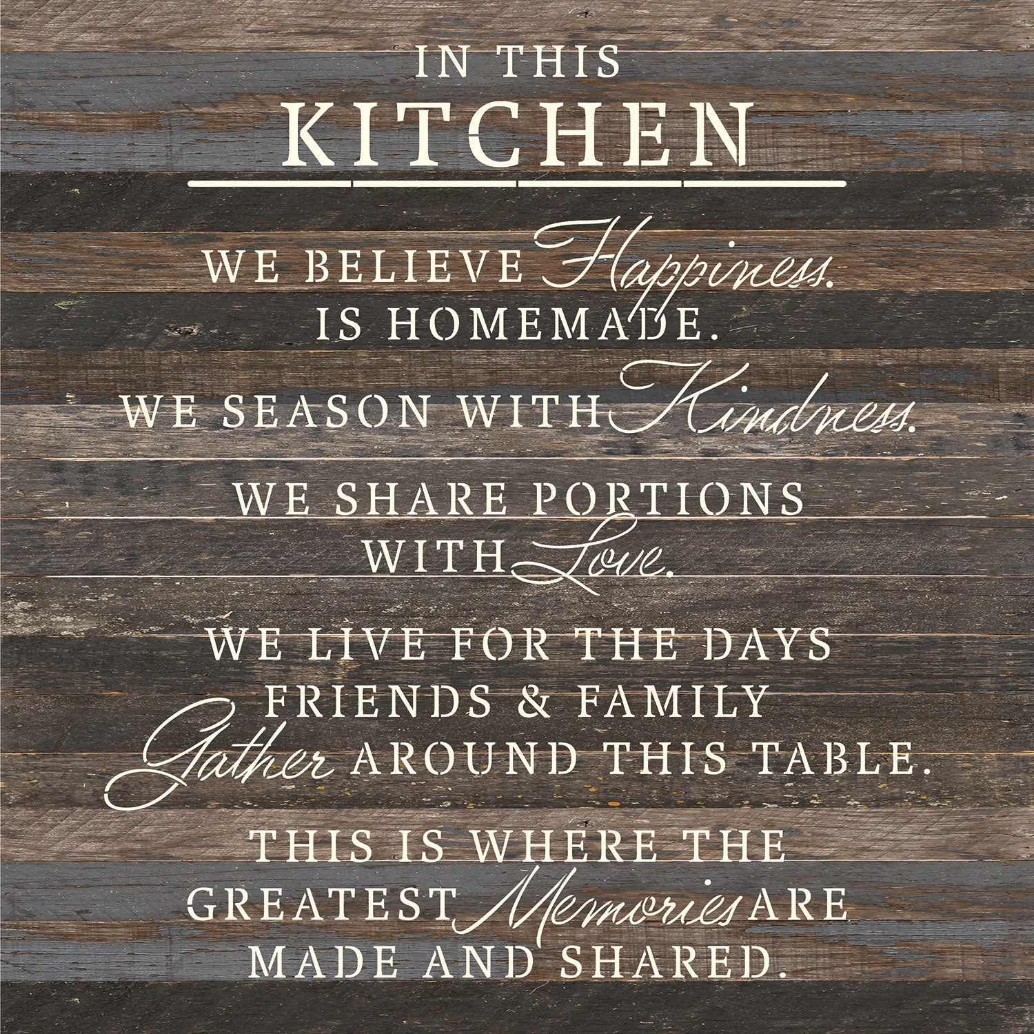 In this kitchen, We believe happiness is homemade. We season with kindness. We share portions with love... / 28x28 Reclaimed Wood Wall Decor