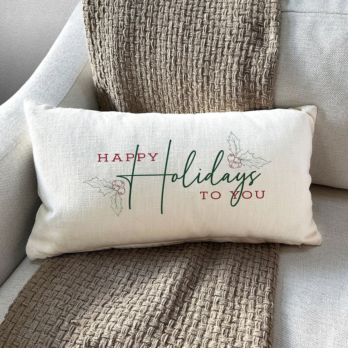 Happy Holidays / Natural Lumbar Pillow Cover