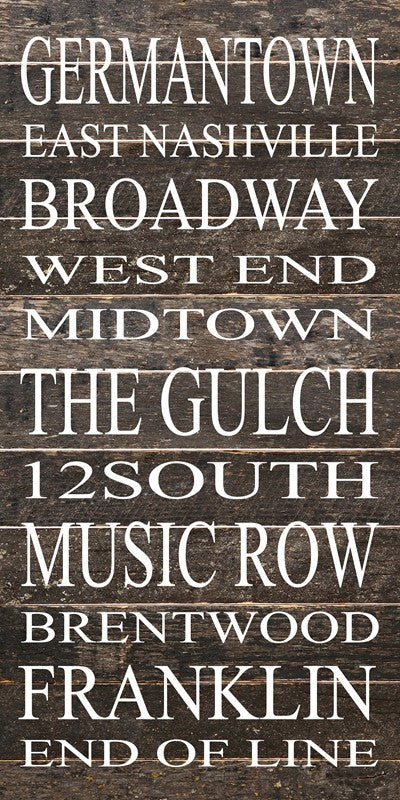 GERMANTOWN, EAST NASHVILLE, BROADWAY, WEST END, MIDTOWN, THE GULCH, 12SOUTH, MUSIC ROW, BRENTWOOD, FRANKLIN, END OF LINE / 12"x24" Reclaimed Wood Sign