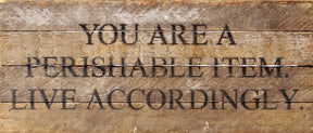 You're a perishable item. Live accordingly. / 14"x6" Reclaimed Wood Sign