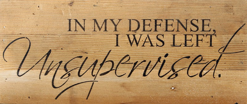 In my defense, I was left unsupervised. / 14"x6" Reclaimed Wood Sign