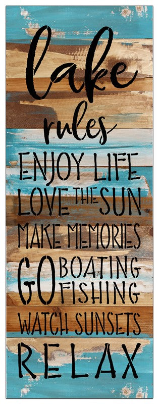 Lake Rules Enjoy Life Love the Sun Make Memories Go Boating Fishing Watch Sunsets Relax / 12x32 Reclaimed Wood Wall Art
