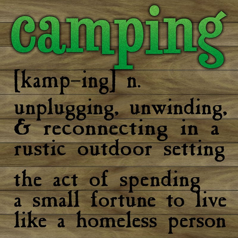 Camping... unplugging, unwinding and reconnecting... the act of spending a small fortune to live like a homeless person / 12x12 Indoor/Outdoor Recycled Plastic Wall Art