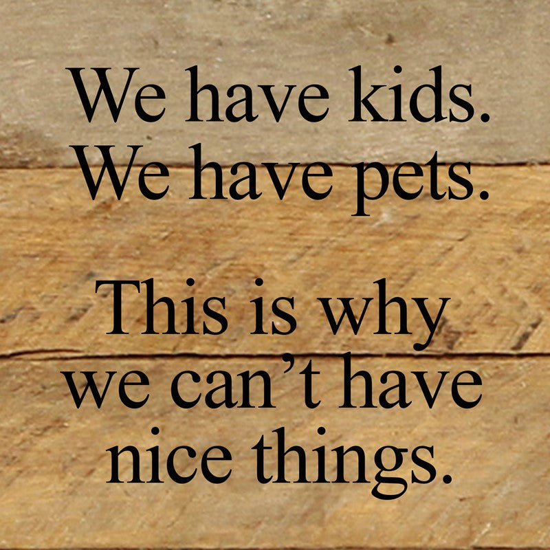 We have kids. We have pets. This is why we can't have nice things. / 6"x6" Reclaimed Wood Sign